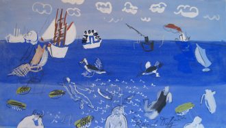 Marine aux voiliers et baigneuses