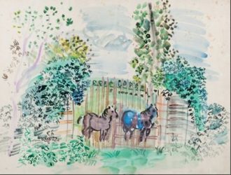 Chevaux devant une grille