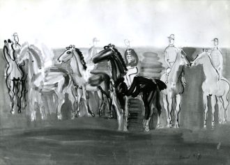 Groupe de jockeys et chevaux
