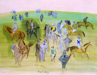 Chevaux et jockeys sur la pelouse