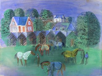 Chevaux devant les écuries
