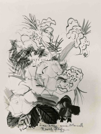 Fleurs peintes en manière de dédicace sur la page de faux titre d'un livre de Pierre Courthion