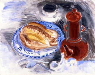 Nature morte au poulet et à la cafetière rouge