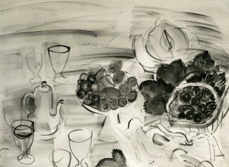 Nature morte avec cafetière et fruits