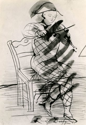 Arlequin assis jouant du violon