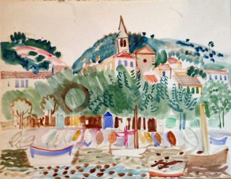 Village méditerranéen au bord de la mer et bateaux