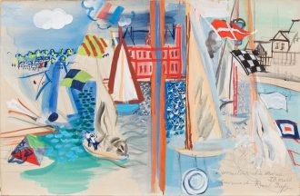 Voiliers et drapeaux dans le port de Deauville