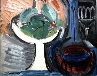 Nature morte aux poires dans un compotier blanc