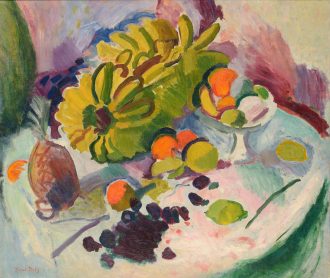 Compotier, bananes et fruits