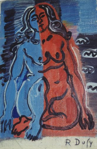 Nu rouge et bleu sur la plage