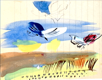 Papillons volant au dessus d'un champ de blé