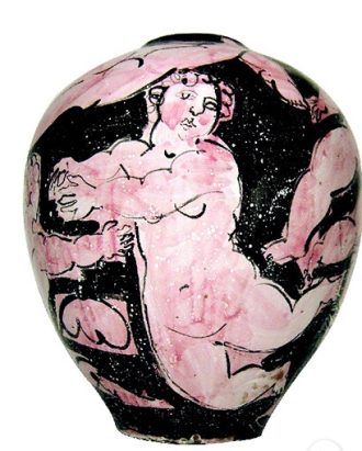 Vase aux baigneuses, noir et rose